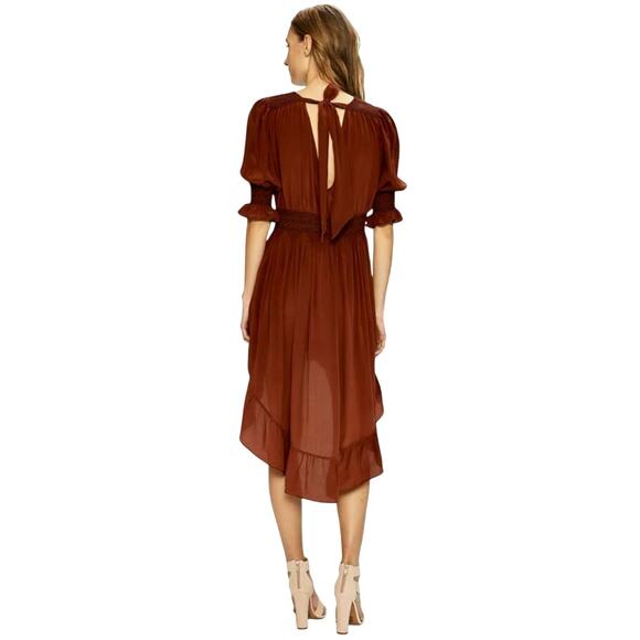 LOVE SAM Blixen Smocked Dress  Sz S 100% Silk Cognac Brown Ruffles Boho Cowgirl - Picture 3 of 14